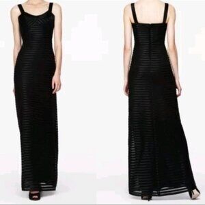 BCBGMaxAzria Black Satin Paneled Stripe Gown